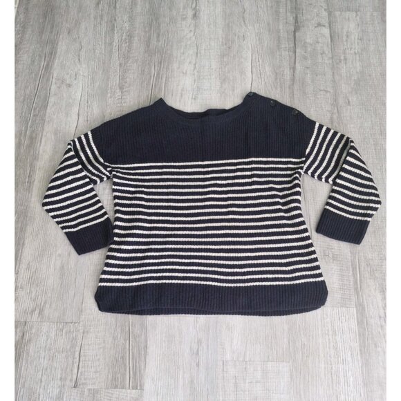 ANN TAYLOR Navy Blue & White Stripped Sweater 95% Wool 5% Cashmere Size XL - Picture 3 of 9